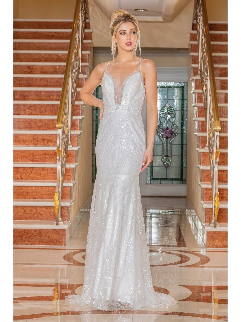 NEW OFF WHITE V-Neck Wedding Dress Floor Length Embellished 0219